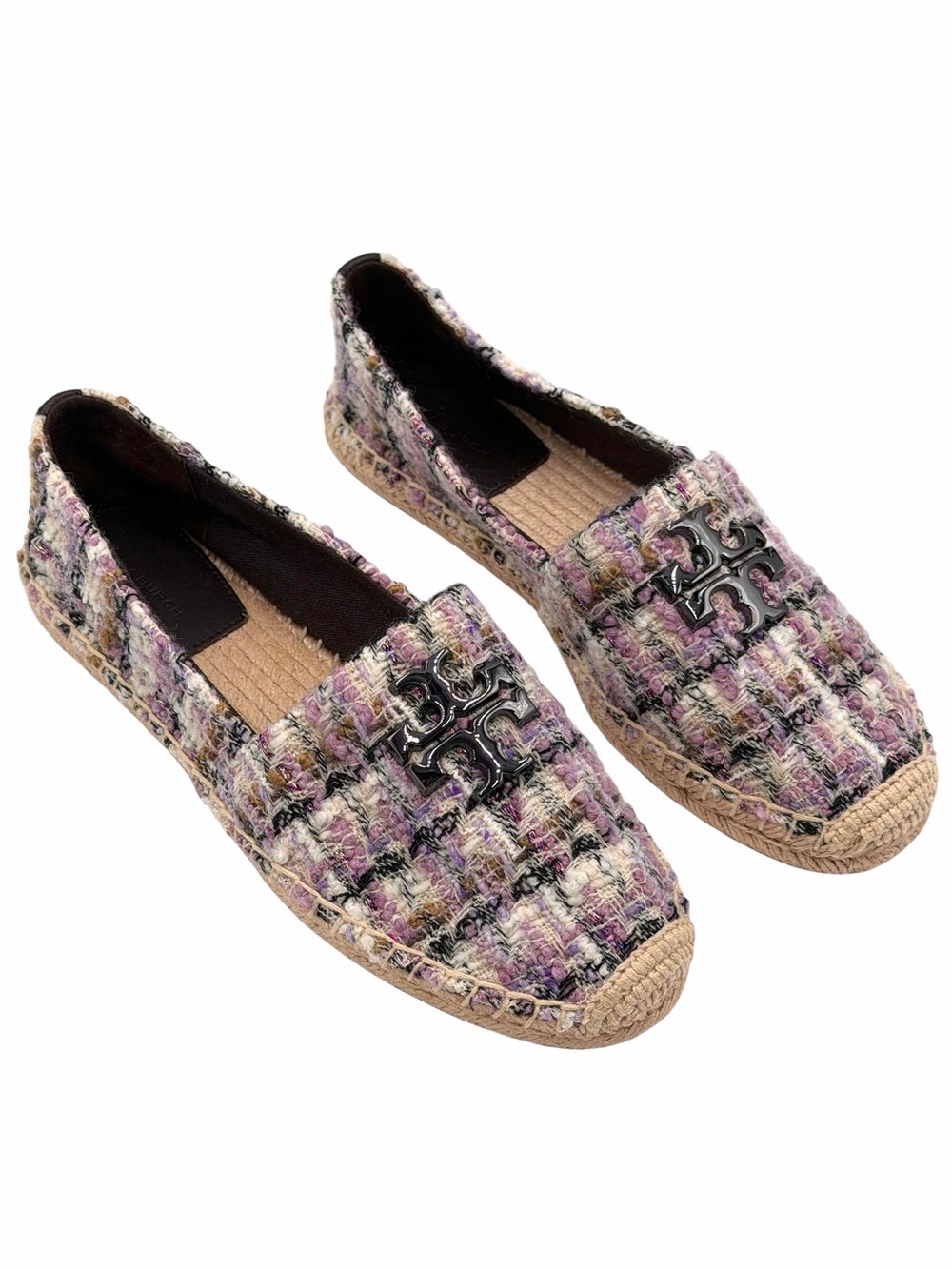 Tory Burch Everly Tweed Espadrille Slip-On Flats Double T Logo Size 8